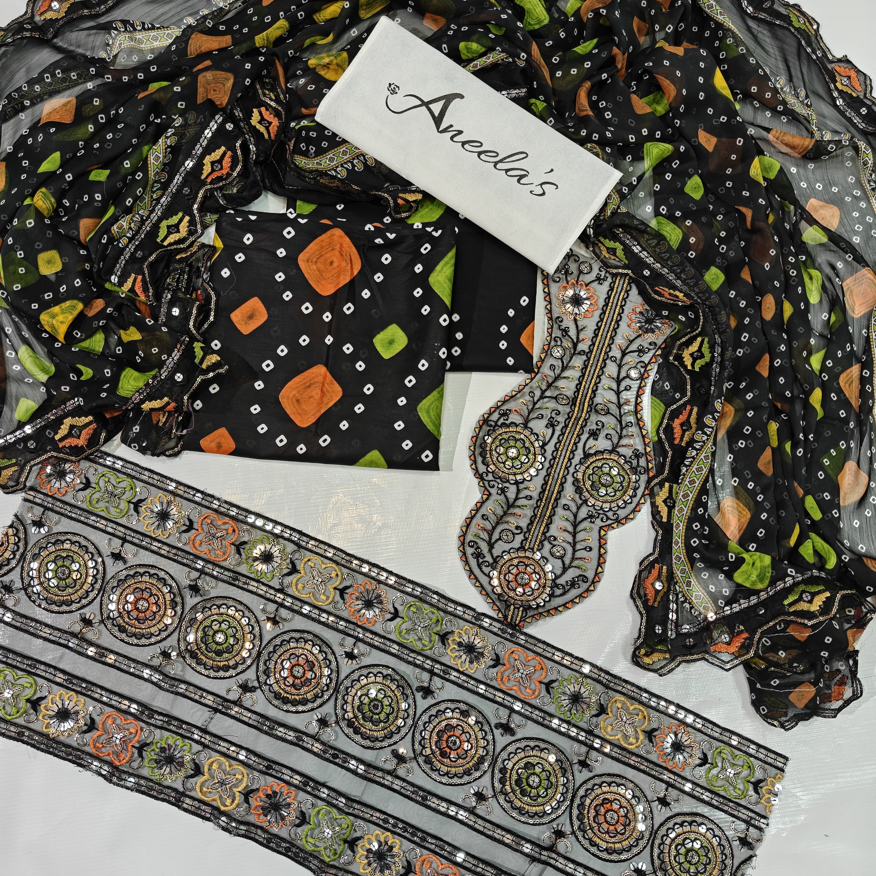 Aneela's Printed Embroidered Lawn 3PC Unstitched Memon Clothes